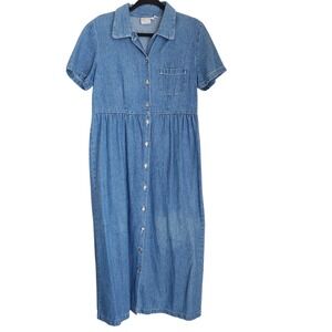 Vintage Match Denim Maxi Dress Size 10 Short Sleeves‎ Blue Country Modest Button
